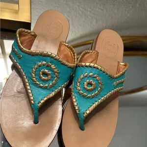 Jack Rogers Turquoise Leather Slide Sandals with Gold Accents Sz 7